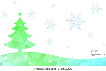 Green postcard low polygon style christmas tree vector illustration consisting of triangles.Abstract triangular polygonal origami or crystal design of New Year celebration.Isolated on white background