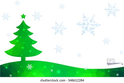 Green postcard low polygon style christmas tree vector illustration consisting of triangles.Abstract triangular polygonal origami or crystal design of New Year celebration.Isolated on white background