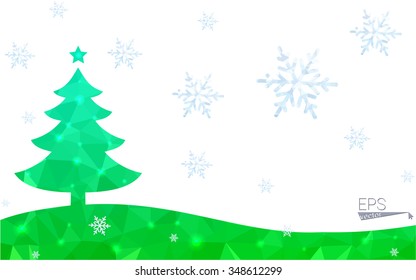 Green postcard low polygon style christmas tree vector illustration consisting of triangles.Abstract triangular polygonal origami or crystal design of New Year celebration.Isolated on white background
