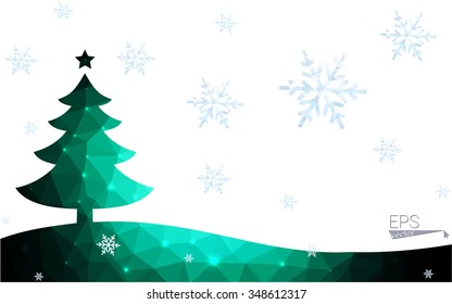 Green postcard low polygon style christmas tree vector illustration consisting of triangles.Abstract triangular polygonal origami or crystal design of New Year celebration.Isolated on white background