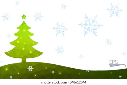 Green postcard low polygon style christmas tree vector illustration consisting of triangles.Abstract triangular polygonal origami or crystal design of New Year celebration.Isolated on white background