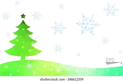 Green postcard low polygon style christmas tree vector illustration consisting of triangles.Abstract triangular polygonal origami or crystal design of New Year celebration.Isolated on white background