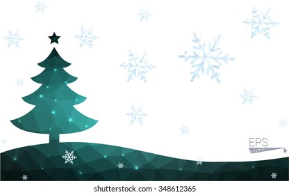 Green postcard low polygon style christmas tree vector illustration consisting of triangles.Abstract triangular polygonal origami or crystal design of New Year celebration.Isolated on white background