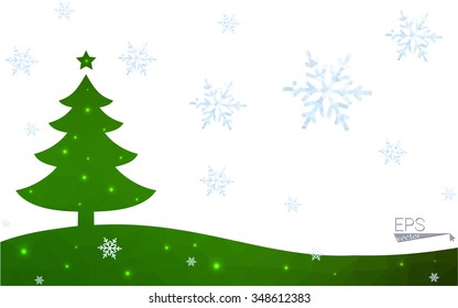 Green postcard low polygon style christmas tree vector illustration consisting of triangles.Abstract triangular polygonal origami or crystal design of New Year celebration.Isolated on white background