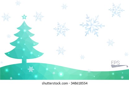 Green postcard low polygon style christmas tree vector illustration consisting of triangles.Abstract triangular polygonal origami or crystal design of New Year celebration.Isolated on white background