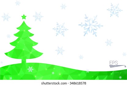 Green postcard low polygon style christmas tree vector illustration consisting of triangles.Abstract triangular polygonal origami or crystal design of New Year celebration.Isolated on white background