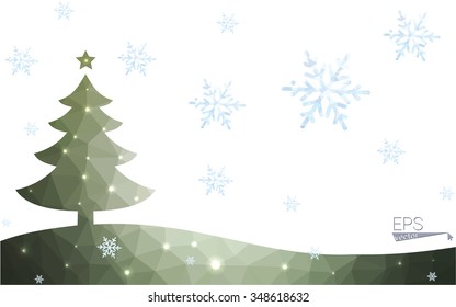 Green postcard low polygon style christmas tree vector illustration consisting of triangles.Abstract triangular polygonal origami or crystal design of New Year celebration.Isolated on white background