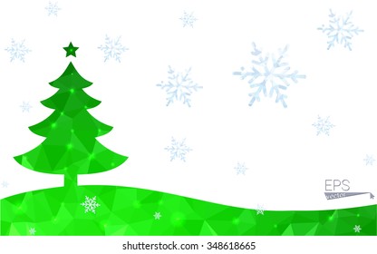 Green postcard low polygon style christmas tree vector illustration consisting of triangles.Abstract triangular polygonal origami or crystal design of New Year celebration.Isolated on white background