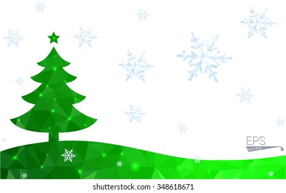 Green postcard low polygon style christmas tree vector illustration consisting of triangles.Abstract triangular polygonal origami or crystal design of New Year celebration.Isolated on white background