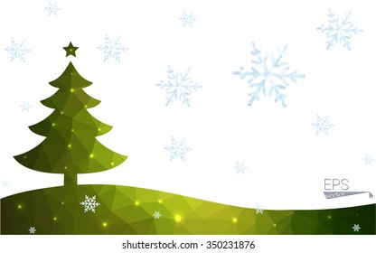 Green postcard low polygon style christmas tree vector illustration consisting of triangles.Abstract triangular polygonal origami or crystal design of New Year celebration.Isolated on white background