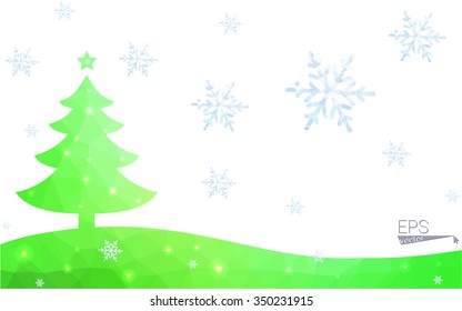 Green postcard low polygon style christmas tree vector illustration consisting of triangles.Abstract triangular polygonal origami or crystal design of New Year celebration.Isolated on white background