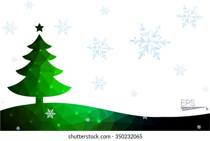 Green postcard low polygon style christmas tree vector illustration consisting of triangles.Abstract triangular polygonal origami or crystal design of New Year celebration.Isolated on white background