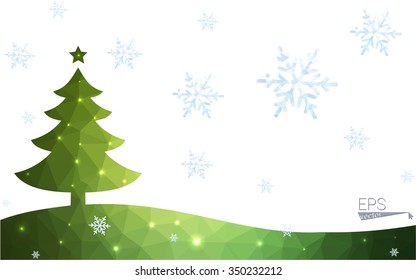 Green postcard low polygon style christmas tree vector illustration consisting of triangles.Abstract triangular polygonal origami or crystal design of New Year celebration.Isolated on white background