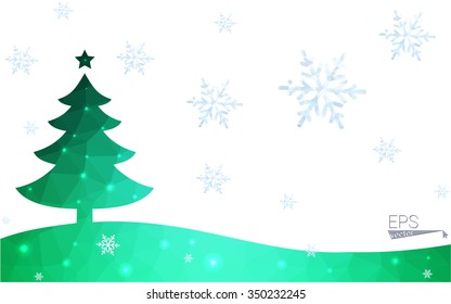 Green postcard low polygon style christmas tree vector illustration consisting of triangles.Abstract triangular polygonal origami or crystal design of New Year celebration.Isolated on white background