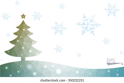 Green postcard low polygon style christmas tree vector illustration consisting of triangles.Abstract triangular polygonal origami or crystal design of New Year celebration.Isolated on white background