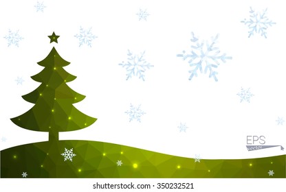 Green postcard low polygon style christmas tree vector illustration consisting of triangles.Abstract triangular polygonal origami or crystal design of New Year celebration.Isolated on white background