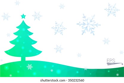 Green postcard low polygon style christmas tree vector illustration consisting of triangles.Abstract triangular polygonal origami or crystal design of New Year celebration.Isolated on white background