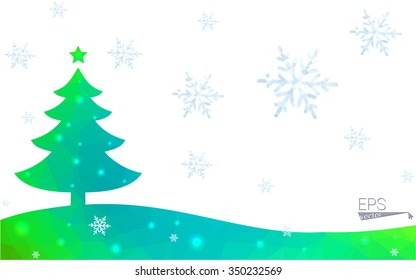 Green postcard low polygon style christmas tree vector illustration consisting of triangles.Abstract triangular polygonal origami or crystal design of New Year celebration.Isolated on white background