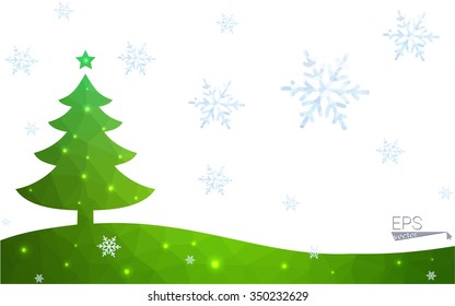 Green postcard low polygon style christmas tree vector illustration consisting of triangles.Abstract triangular polygonal origami or crystal design of New Year celebration.Isolated on white background