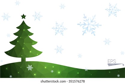 Green postcard low polygon style christmas tree vector illustration consisting of triangles.Abstract triangular polygonal origami or crystal design of New Year celebration.Isolated on white background