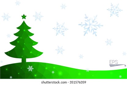 Green postcard low polygon style christmas tree vector illustration consisting of triangles.Abstract triangular polygonal origami or crystal design of New Year celebration.Isolated on white background