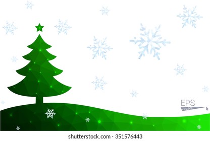 Green postcard low polygon style christmas tree vector illustration consisting of triangles.Abstract triangular polygonal origami or crystal design of New Year celebration.Isolated on white background