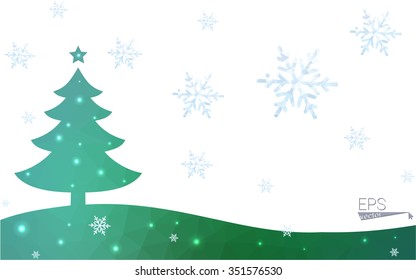 Green postcard low polygon style christmas tree vector illustration consisting of triangles.Abstract triangular polygonal origami or crystal design of New Year celebration.Isolated on white background