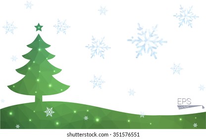 Green postcard low polygon style christmas tree vector illustration consisting of triangles.Abstract triangular polygonal origami or crystal design of New Year celebration.Isolated on white background