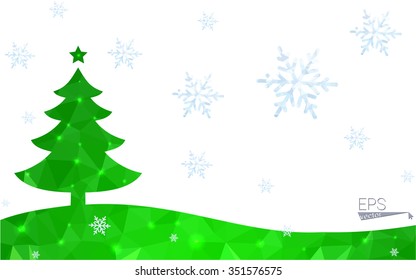 Green postcard low polygon style christmas tree vector illustration consisting of triangles.Abstract triangular polygonal origami or crystal design of New Year celebration.Isolated on white background