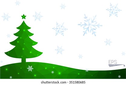 Green postcard low polygon style christmas tree vector illustration consisting of triangles.Abstract triangular polygonal origami or crystal design of New Year celebration.Isolated on white background