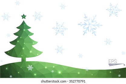 Green postcard low polygon style christmas tree vector illustration consisting of triangles.Abstract triangular polygonal origami or crystal design of New Year celebration.Isolated on white background