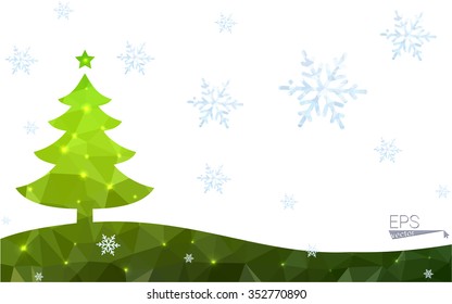 Green postcard low polygon style christmas tree vector illustration consisting of triangles. Abstract triangular polygonal origami or crystal design of New Year celebration. Isolated on white background