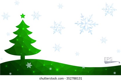 Green postcard low polygon style christmas tree vector illustration consisting of triangles. Abstract triangular polygonal origami or crystal design of New Year celebration. Isolated on white background