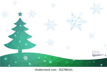 Green postcard low polygon style christmas tree vector illustration consisting of triangles. Abstract triangular polygonal origami or crystal design of New Year celebration. Isolated on white background