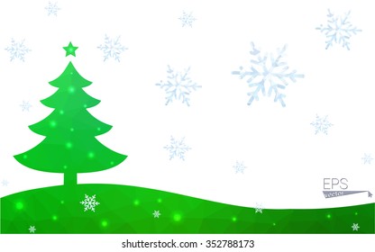 Green postcard low polygon style christmas tree vector illustration consisting of triangles. Abstract triangular polygonal origami or crystal design of New Year celebration. Isolated on white background