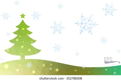 Green postcard low polygon style christmas tree vector illustration consisting of triangles. Abstract triangular polygonal origami or crystal design of New Year celebration. Isolated on white background