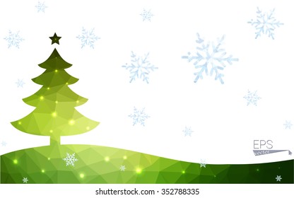 Green postcard low polygon style christmas tree vector illustration consisting of triangles. Abstract triangular polygonal origami or crystal design of New Year celebration. Isolated on white background Green postcard low polygon style christmas tree vector illustration consisting of triangles. Abstract triangular polygonal origami or crystal design of New Year celebration. Isolated on white background