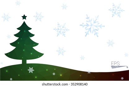 Green postcard low polygon style christmas tree vector illustration consisting of triangles.Abstract triangular polygonal origami or crystal design of New Year celebration.Isolated on white background