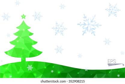 Green postcard low polygon style christmas tree vector illustration consisting of triangles.Abstract triangular polygonal origami or crystal design of New Year celebration.Isolated on white background
