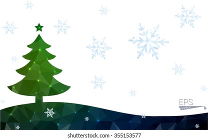 Green postcard low polygon style christmas tree vector illustration consisting of triangles.Abstract triangular polygonal origami or crystal design of New Year celebration.Isolated on white background