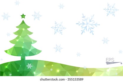 Green postcard low polygon style christmas tree vector illustration consisting of triangles.Abstract triangular polygonal origami or crystal design of New Year celebration.Isolated on white background