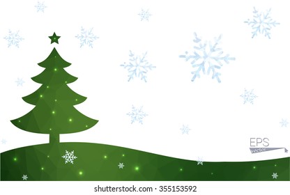 Green postcard low polygon style christmas tree vector illustration consisting of triangles.Abstract triangular polygonal origami or crystal design of New Year celebration.Isolated on white background