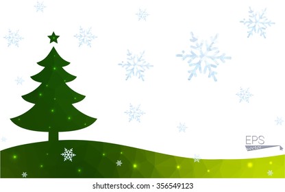 Green postcard low polygon style christmas tree vector illustration consisting of triangles.Abstract triangular polygonal origami or crystal design of New Year celebration.Isolated on white background