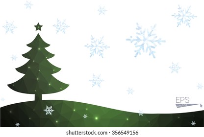 Green postcard low polygon style christmas tree vector illustration consisting of triangles.Abstract triangular polygonal origami or crystal design of New Year celebration.Isolated on white background