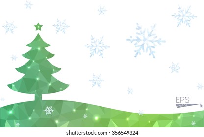 Green postcard low polygon style christmas tree vector illustration consisting of triangles.Abstract triangular polygonal origami or crystal design of New Year celebration.Isolated on white background