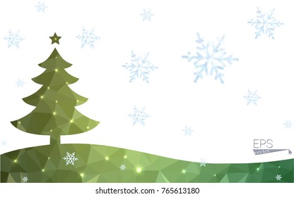 Green postcard low polygon style christmas tree vector illustration consisting of triangles.Abstract triangular polygonal origami or crystal design of New Year celebration.Isolated on white background
