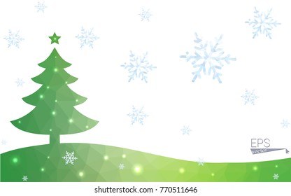 Green postcard low polygon style christmas tree vector illustration consisting of triangles.Abstract triangular polygonal origami or crystal design of New Year celebration.Isolated on white background
