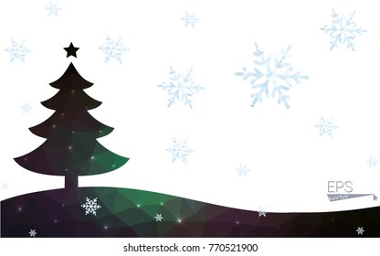 Green postcard low polygon style christmas tree vector illustration consisting of triangles.Abstract triangular polygonal origami or crystal design of New Year celebration.Isolated on white background