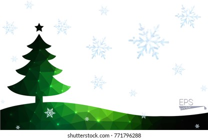 Green postcard low polygon style christmas tree vector illustration consisting of triangles.Abstract triangular polygonal origami or crystal design of New Year celebration.Isolated on white background