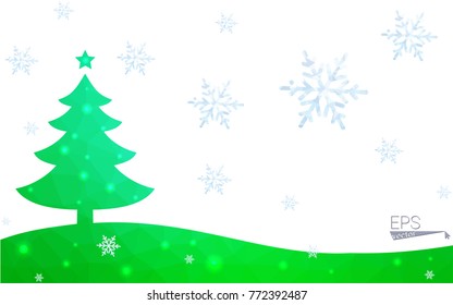 Green postcard low polygon style christmas tree vector illustration consisting of triangles.Abstract triangular polygonal origami or crystal design of New Year celebration.Isolated on white background